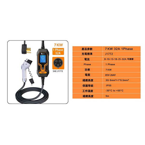 【台灣 菲爾雷】LEO 便攜式電動車充電器 充電槍 電車旅行充電器 Type1 J1772 Type2 32A 7KW