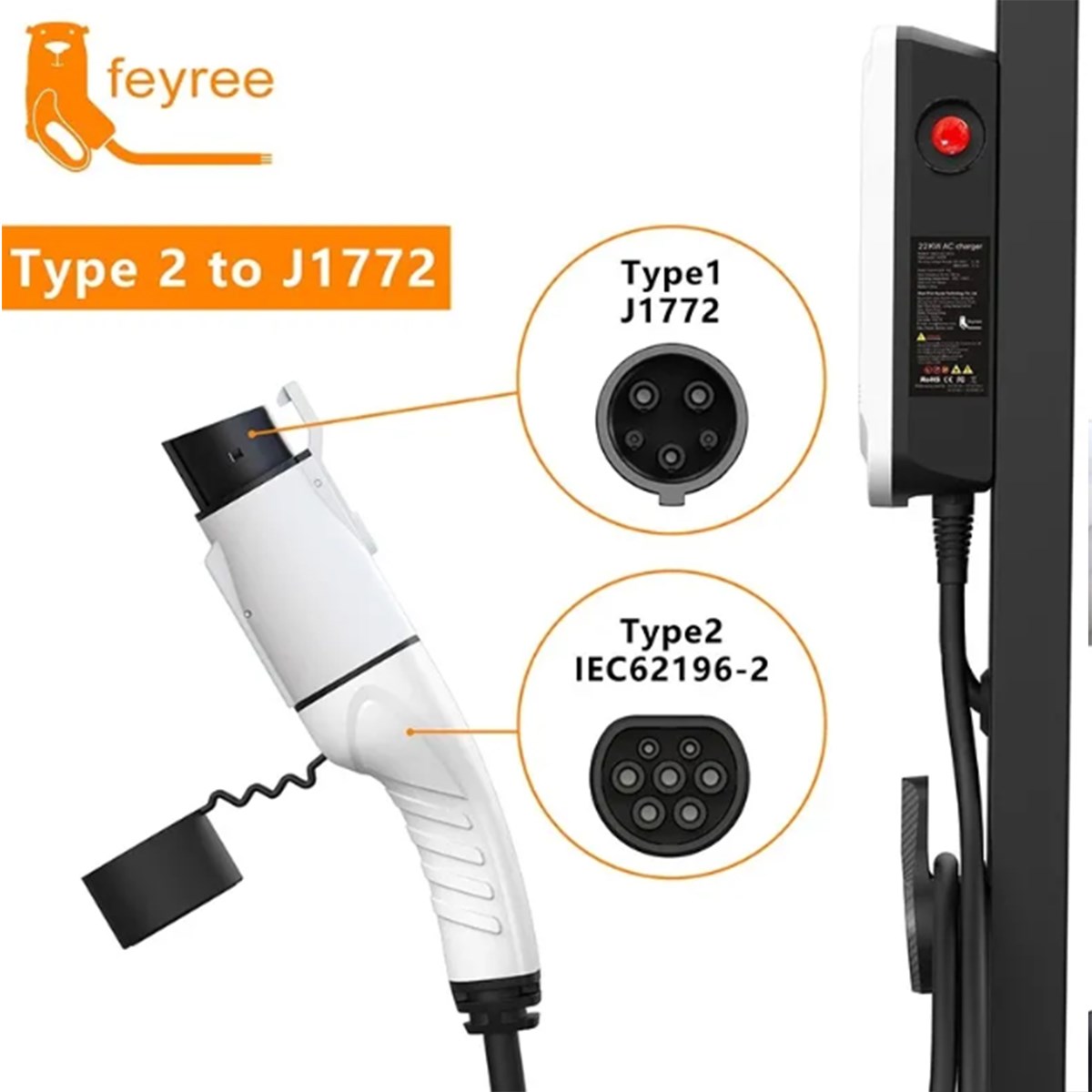 【台灣 菲爾雷】電車充電轉接器 Type2 轉 Type1 32A 